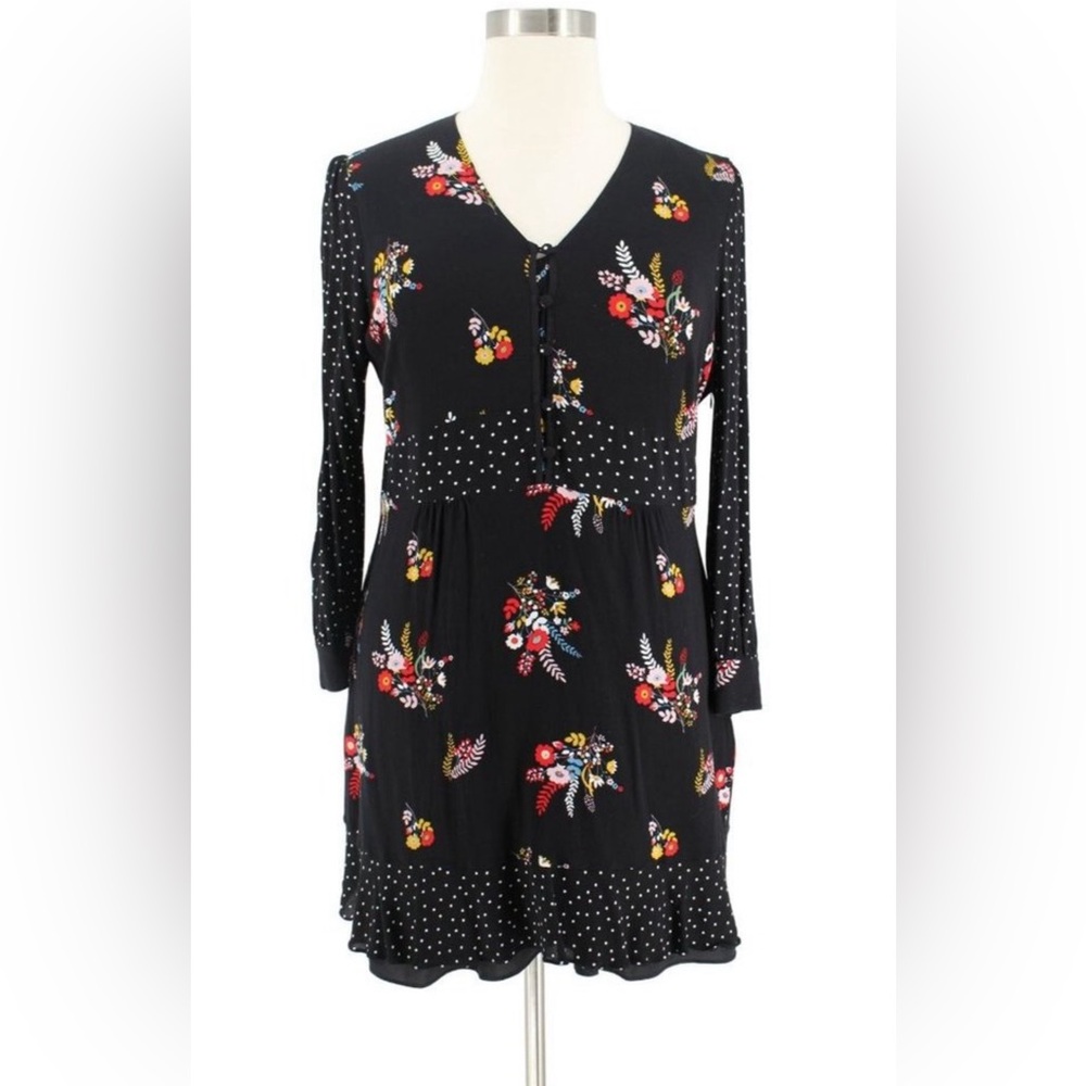 Boden Ivy Black Crepe Floral V Neck Long Sleeve Shift Dress Dress Size 16R